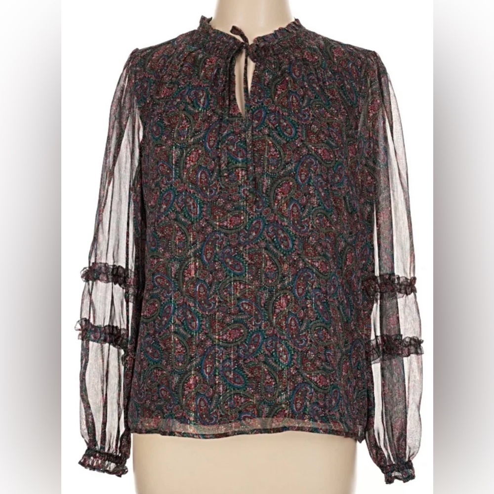 LOFT Sheer Paisley Ruffle-Sleeve Blouse - Black with Teal & Burgundy